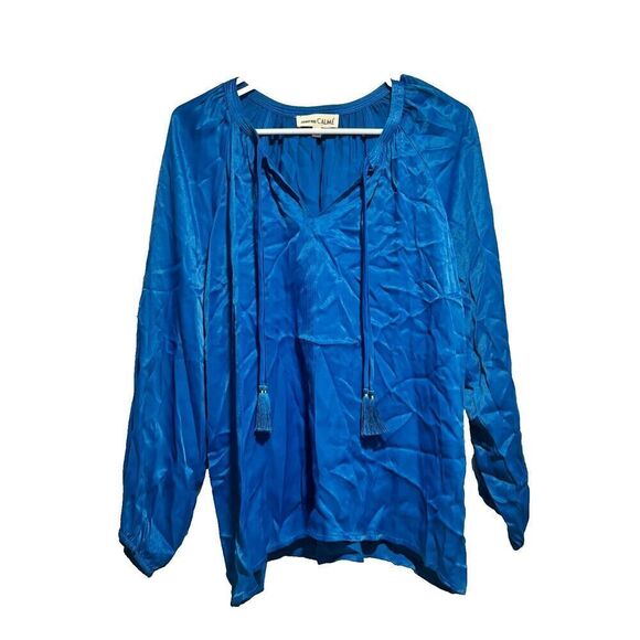Johnny Was Calme Blouse Top Medium Royal Blue Satin Long Sleeve Tassel Tie Up - Picture 1 of 6